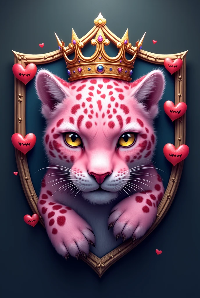 Create a shield with a baby pink leopard and a princess crown on the leopard, with evil-looking hearts