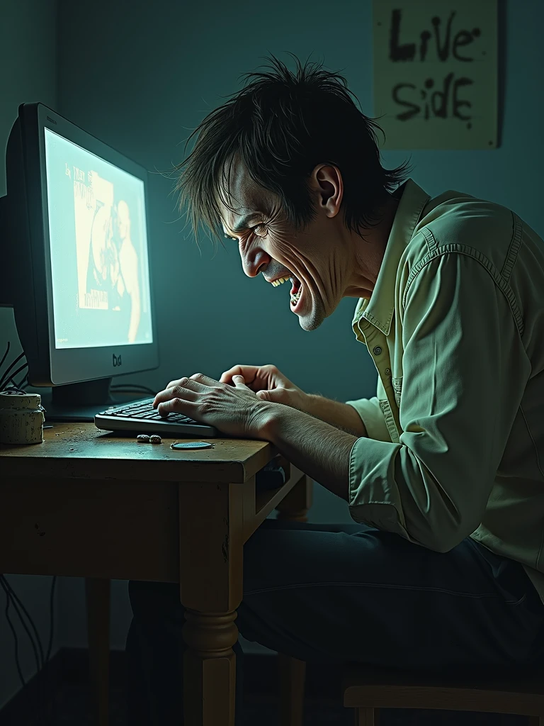 a ugly dirty white guy masturbating by looking at computer screen the screen is visible