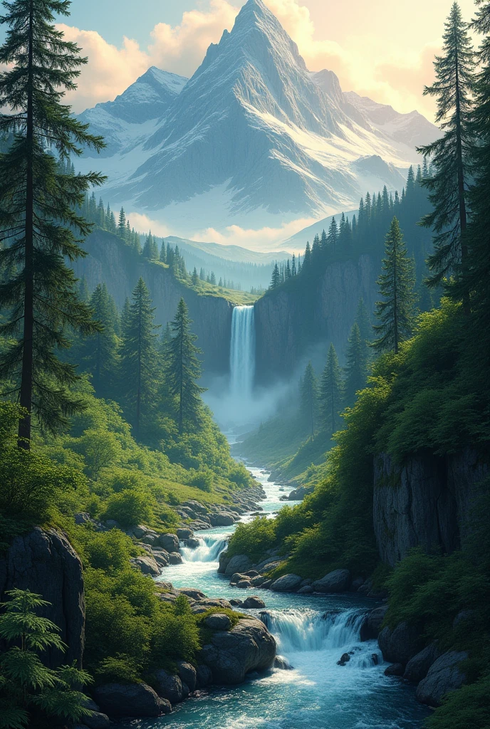 Landscape of a large mountain in the forest, with streams, cascades, crystal clear waters, and the brightness of dawn, romantic vibe