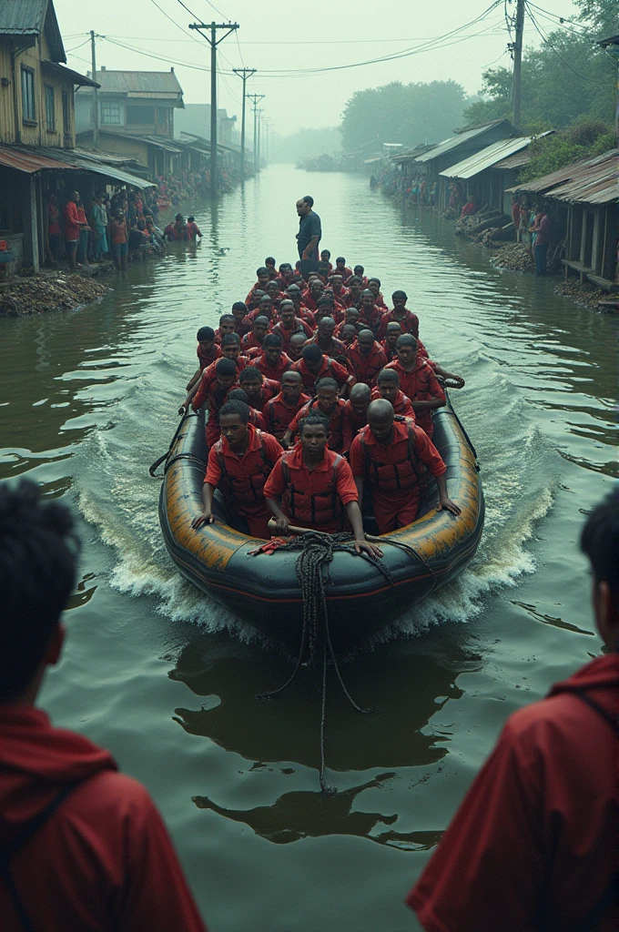 A boat in the flood affected area some people went to help but when those who went to help wanted to board the boat they found there was no place for the boat.