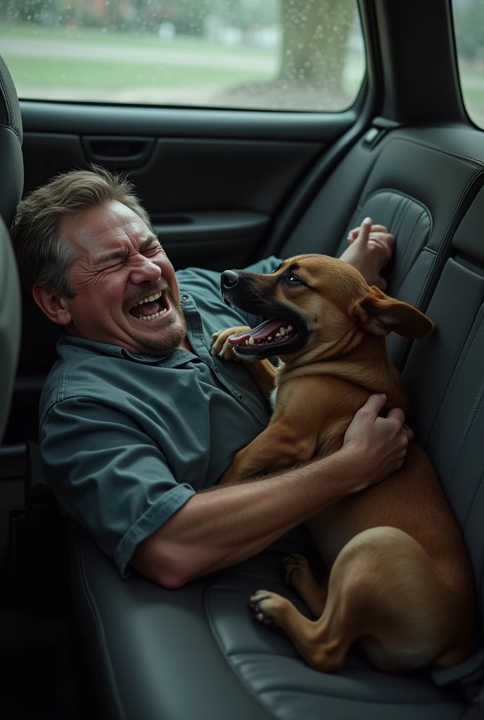 A man in prone position on a back seat to whom a angry dog is biting on his hip. The man is shouting