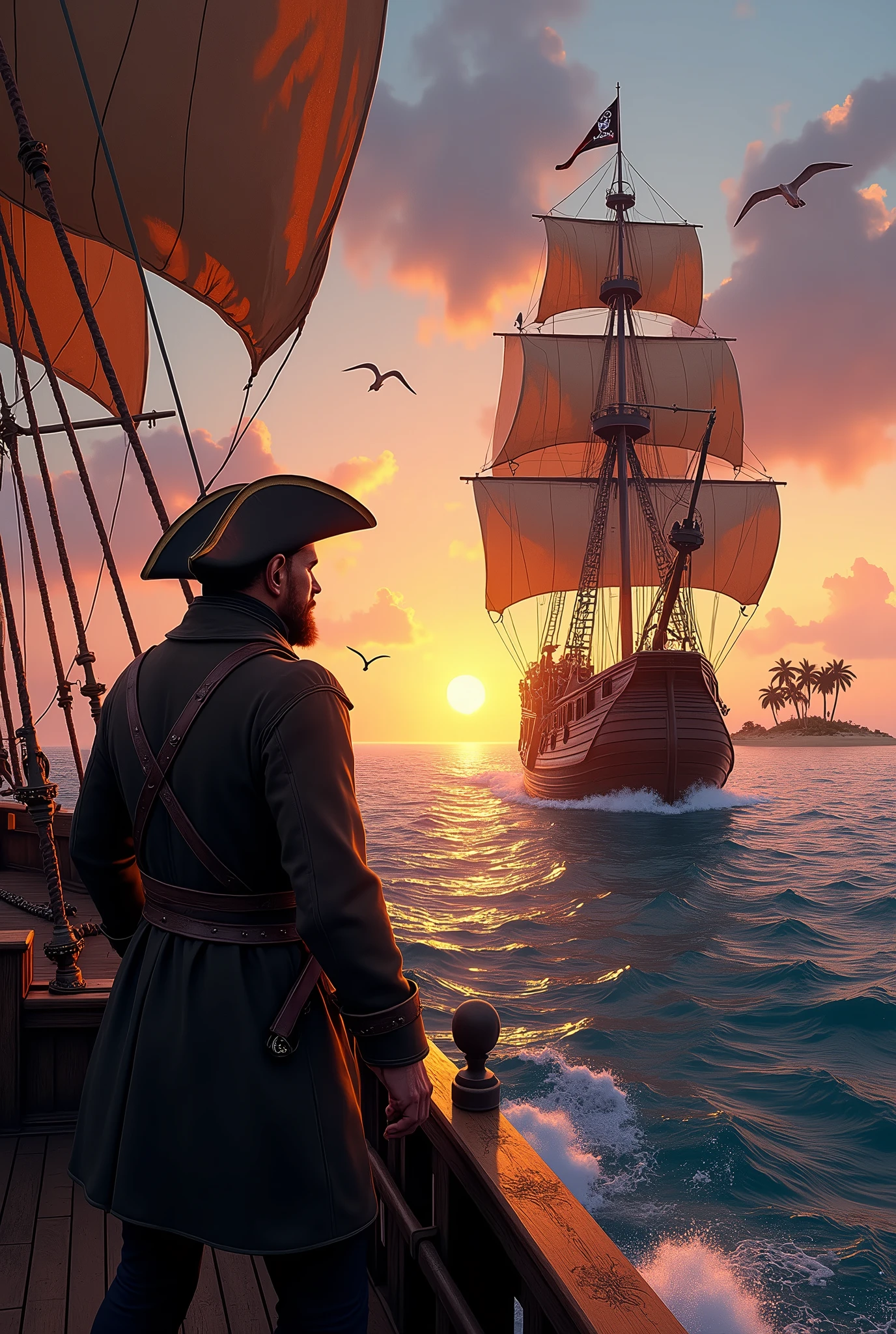A pirate ship sails on a deep blue sea at sunset, with sails full of wind. the captain, a strong and experienced man, is at the helm, wearing a worn brown leather coat and a tricorn hat. Your crew, made up of hardened sailors, works to adjust the sails and maneuver the ship. over the horizon, a small desert island appears, with scattered palm trees and a white sand beach. The sky is tinged with orange and pink, and seagulls fly around. The ship has dark wood details, Cannons on the sides, and a black flag waving with the symbol of a skull and crossbones.

