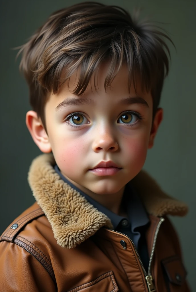 A realistic male boy child wearing a flight jacket and looking me in the eyes