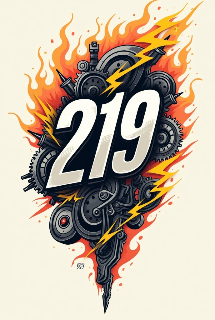 Simplified tattoo with number 219 in a style with mechanics with speed effect and flame and lightning
