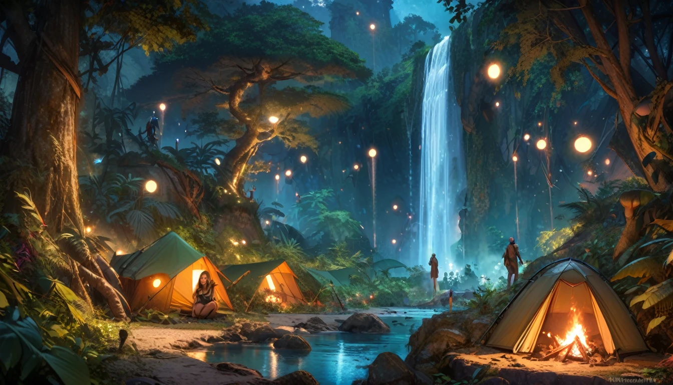 (best quality,4k,highres:1.2),ultra-detailed,realistic:1.37,lone female traveler,adventure,jungle,night,small camp,camp fire,all around dark,dozens of shining eyes of wild animals,dense foliage,night creatures,scattered moonlight,excitement,serenity,distant animal calls,vibrant foliage,ancient trees,overgrown vines,lush vegetation,mysterious glow,majestic waterfall,hidden treasures,exploration,adrenaline rush,peaceful solitude,undiscovered paths,intrepid explorer,mystical aura,whispers of the unknown,sparkling starry sky,calmness of nature,unfamiliar trails,enchanted atmosphere,nighttime exploration,wonder and awe,primitive beauty,unpredictable encounters,jungle symphony,nature's secret wonders,wilderness adventure,uncertain steps,üfilled anticipation