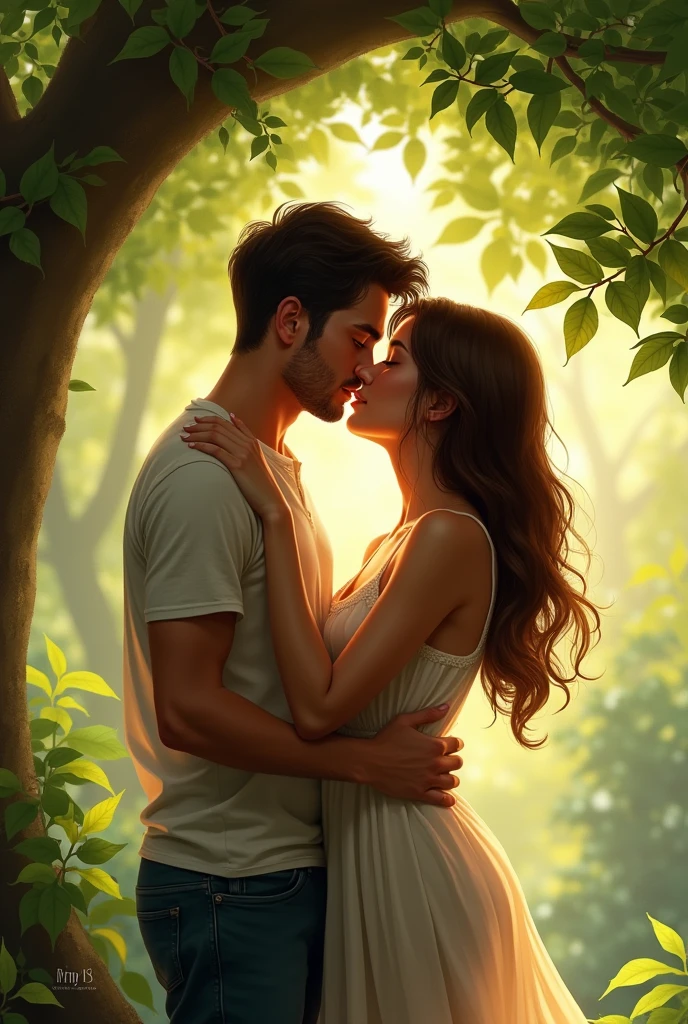 Woman with her arms around man's neck, man hugging woman's waist, kissing on the mouth, under a tree.