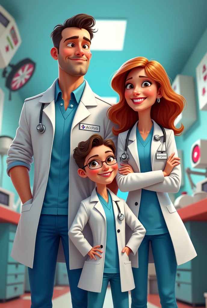 Two male doctors and two female doctors, Pixar cover style