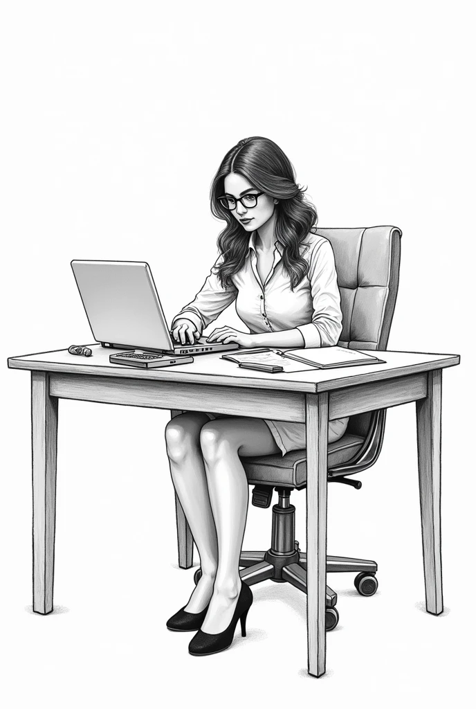 black and white drawing of a brunette woman, by profession Accountant, he wears glasses, She is sitting in her chair in front of her desk in her office with her laptop and her calculator, She is dressed in an office dress and is wearing high heels..