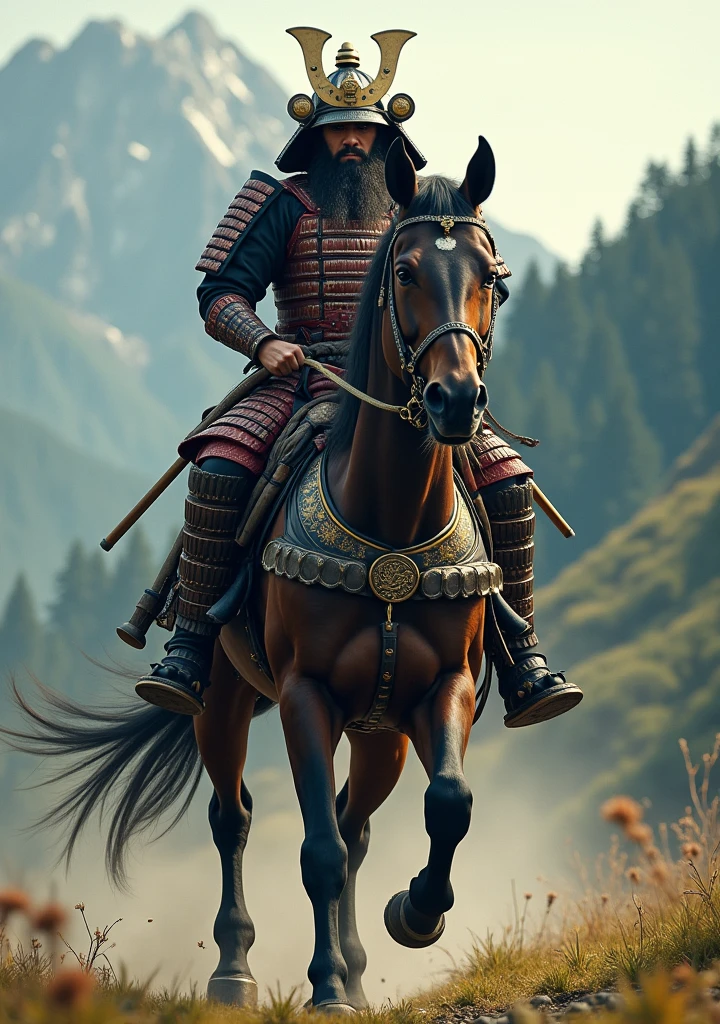 Give me the image of a samurai riding a horse, photorealist