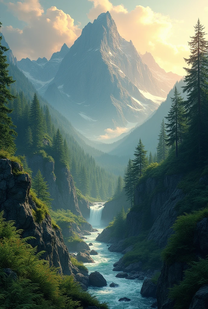Landscape of a large mountain in the forest, with streams, cascades, crystal clear waters, and the brightness of dawn, romantic vibe