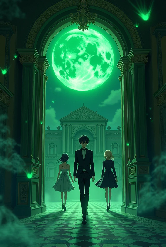 Anime people going inside a mansion Writing ABSTRACT in color green at night  green moon