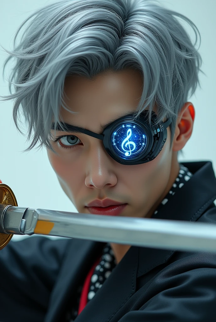 Beautiful Japanese man with grey eyes and grey hair. He is holding a Katana and have a technological eye patch which reflect a melody note on it. 