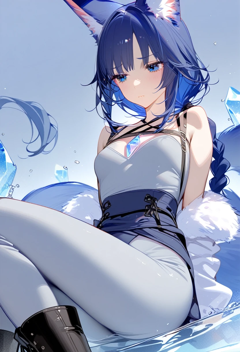 1girl, solo, bangs, hair braided in a low long ponytail, long blue fox ears, grey blue bodysuit, gray big pants, high boots, big fox fire blue tail, dark blue hair, dark blue eyes, sad look, straps on the chest, straps on the waist, short gray-green skirt. Sits in a jar of water. Water. Crystals 