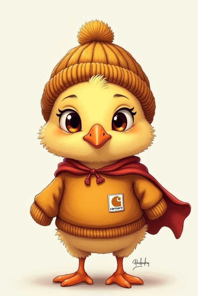 Drawings of a Chick referencing a superhero in a cute way with a brown carhartt sweater and a brown beanie