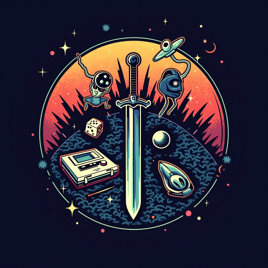 Logo. Use a retro color gradient background, different icons of geek culture, like a classic video game console, a D die&D, an anime figure, a fantasy sword and an alien. These elements could be connected by portals that symbolize the “other plane” where everything converges in a stylized way.