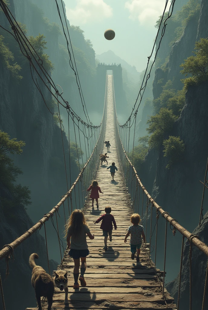 A ball that crosses a suspension bridge that is about to fall while wild animals chase children