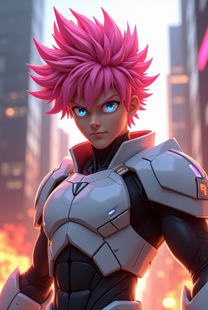 Bakugou from my hero academia but with white armor, a helmet like Axl&#39;s but purple with white,Pink hair that sticks up in the Disney Pixar style