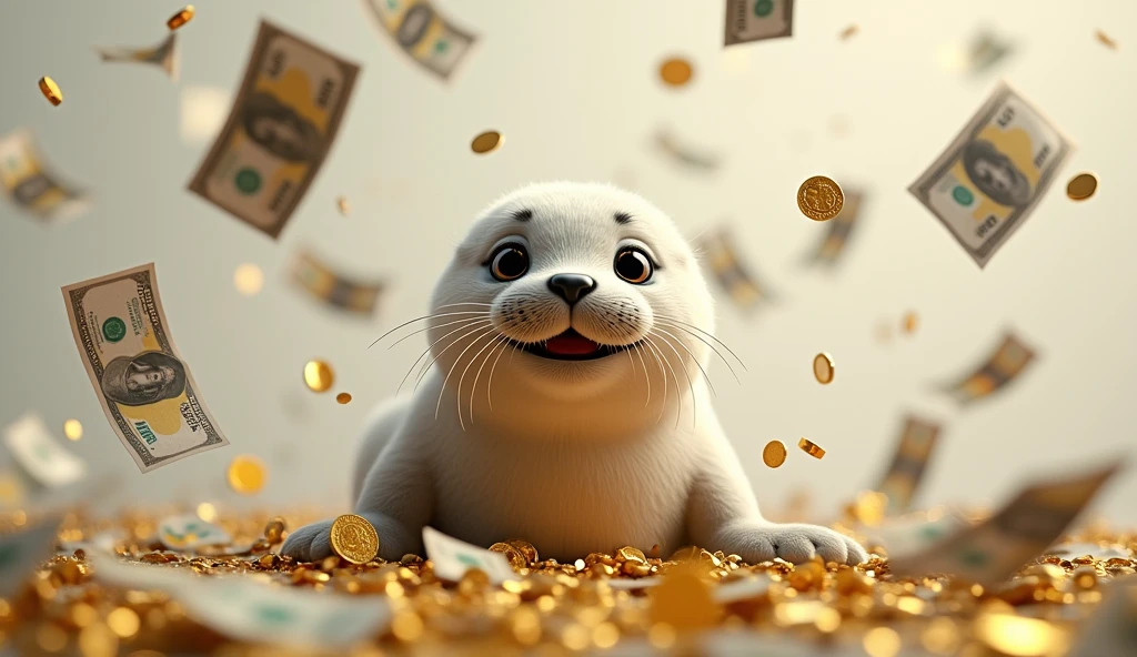 Photorealistic、Ultra HD、Front view、The seal is smiling、No people、There are no humans、Banknotes and gold and silver treasures are falling from the sky、