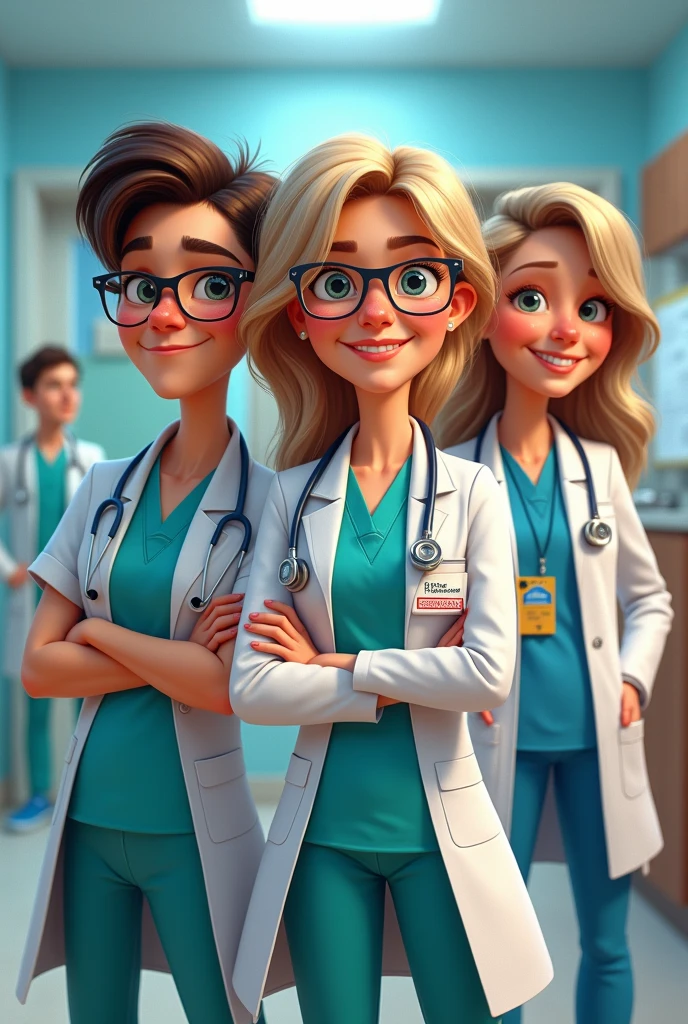 Two male doctors and two female doctors, Pixar cover style