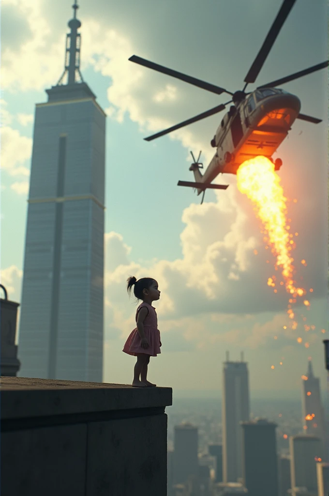 a girls standing top of building and look sky, beside helicopter shoot fire for baby