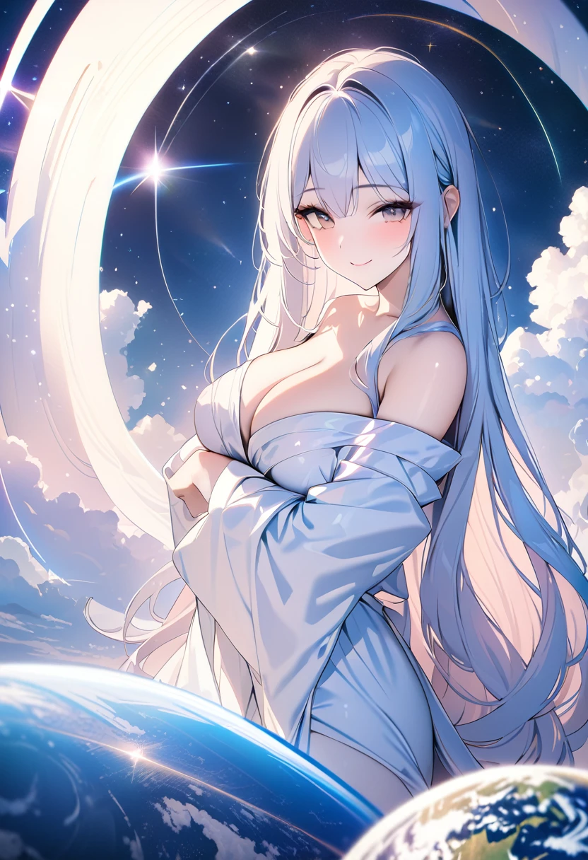 (((Highest quality, 8k, masterpiece: 1.3)), \(One woman, Giant Goddess, Wearing a thin cloth, Shiny Hair, smile, Embracing the Earth:1.5, universe space\)