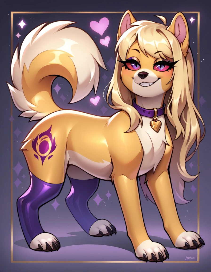 (score_9, score_8_up), score_7_up, score_6_up, best quality, highest quality, (feral), adult dog, furry, anthro, sitting, solo, official style, animal, (body fur), (gold body, gold skin, gold fur), eyelashes, eyeliner, (gold hair, long hair), animal ears, expressive eyes, beautiful eyes, smirk, thin tail, (black sclera, violet iris), purple collar with heart, on all fours, purple stockings, paws, uncensored, detailed background, jizoku