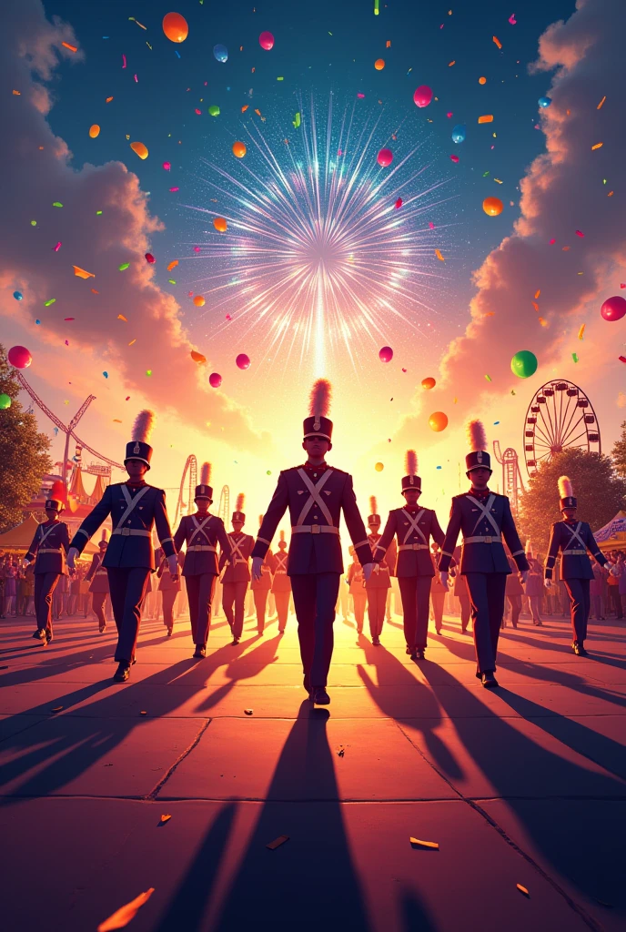 Create a marching band event flyer with a fair in the background with fireworks and confetti