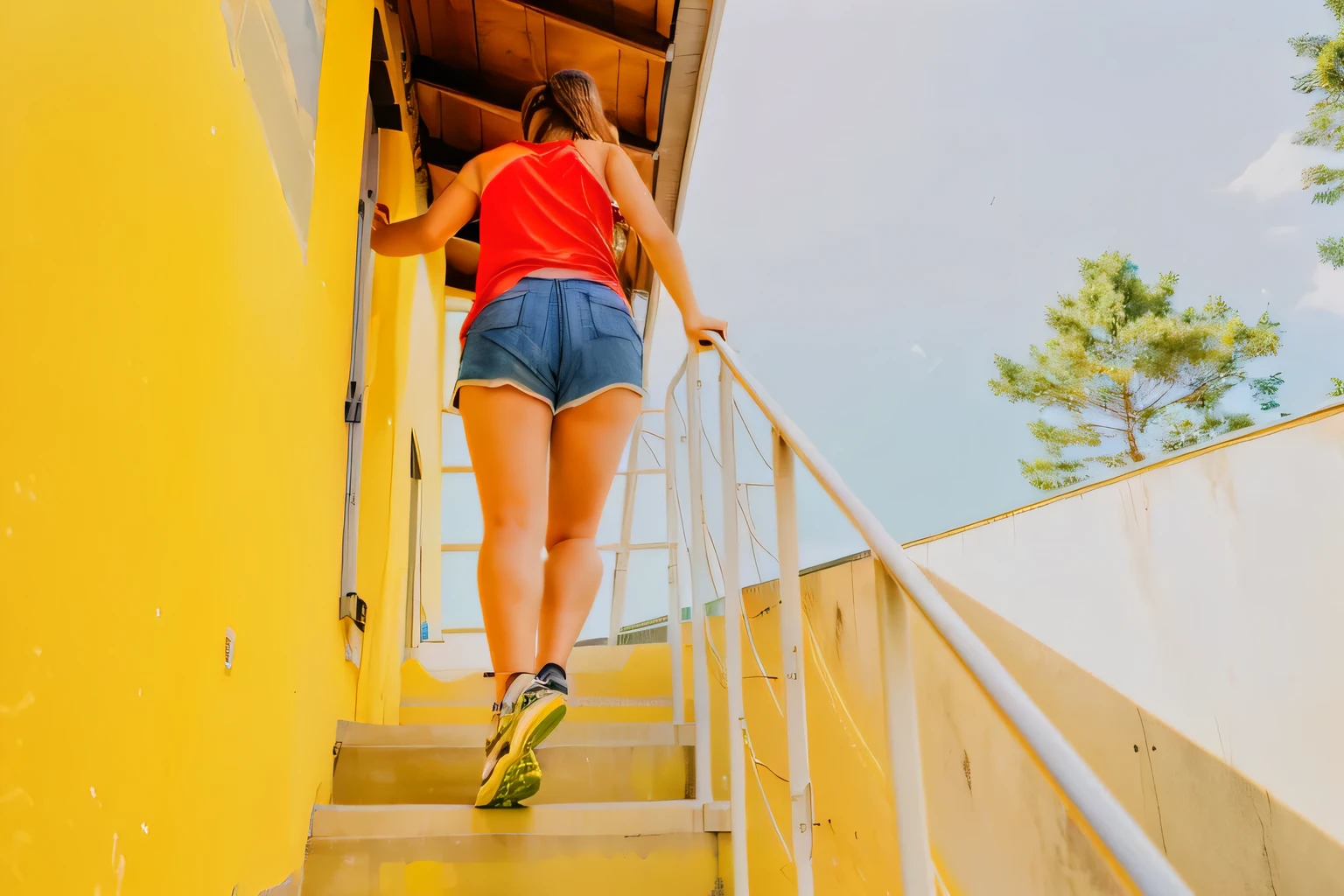 there is a woman that is walking up the stairs to the top of the building, coming down the stairs, side view of her taking steps, wearing red shorts, girl is running, short in stature, standing on a ladder, side shot, stairs, fitness, time to climb the mountain path, upward shot, in sunny weather
