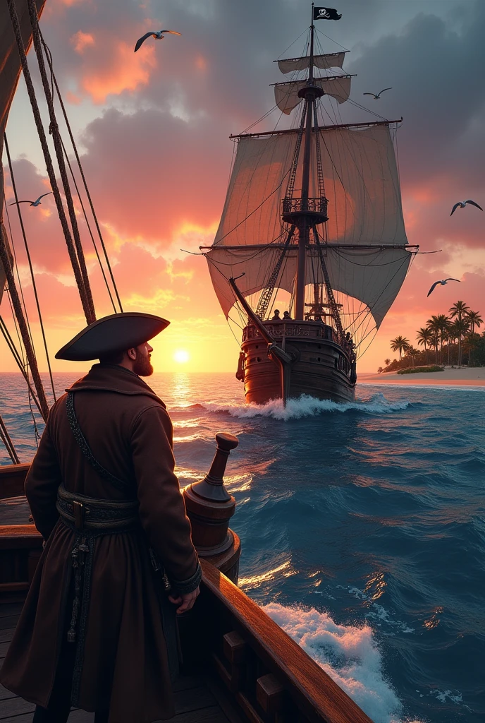 A pirate ship sails on a deep blue sea at sunset, with sails full of wind. the captain, a strong and experienced man, is at the helm, wearing a worn brown leather coat and a tricorn hat. Your crew, made up of hardened sailors, works to adjust the sails and maneuver the ship. over the horizon, a small desert island appears, with scattered palm trees and a white sand beach. The sky is tinged with orange and pink, and seagulls fly around. The ship has dark wood details, Cannons on the sides, and a black flag waving with the symbol of a skull and crossbones.