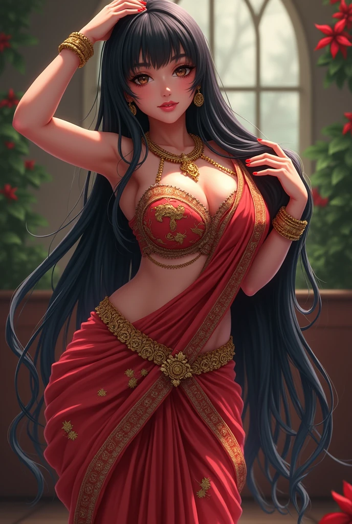 Sexy busty anime lady in hot deep cleavage saree bending on knee in doggy style showing her big ass and man grabbing her long hairs