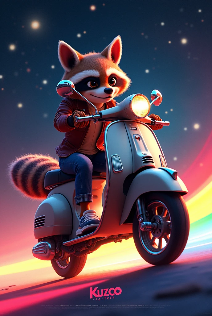 Generate the image of a half raccoon half fox animal, called Kuzco who rides a Vespa motorcycle that gives off a rainbow path, He is wearing a leather jacket and is in the middle of space