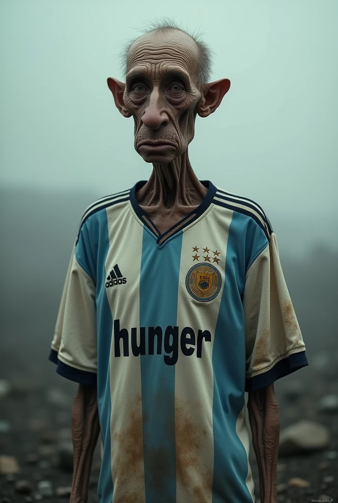 Very sad skinny man with big nose with Argentina shirt written on it "hunger"