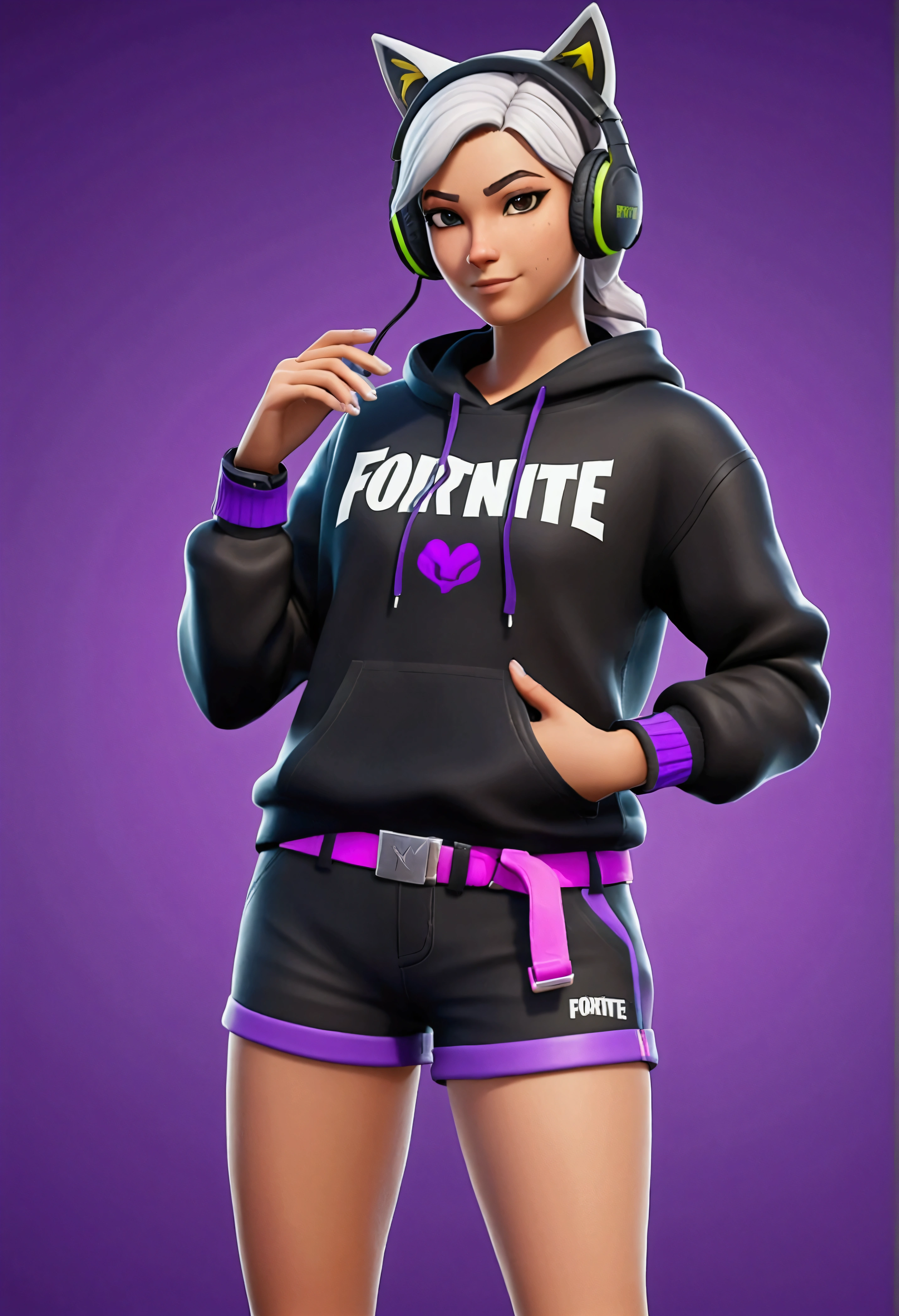 Fortnite Skins, full body front, White woman, with black sweater and engraved with the name CukaLaMaki_GG in neon purple, shorts with a small Argentine flag original color, with neon purple belt and GG-shaped buckle, Women's tennis shoes in black with neon purple, with gamer headphones with black cat ears with neon purple, Long silver hair