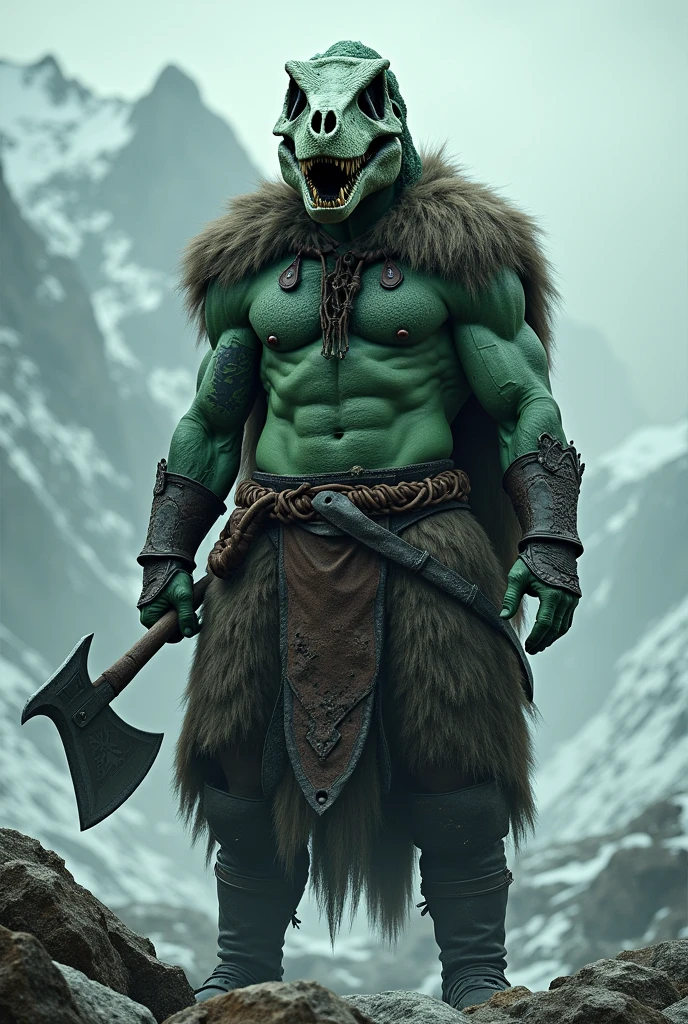 Like a Viking with a dark green skin color, wearing a t-rex skull and holding an axe