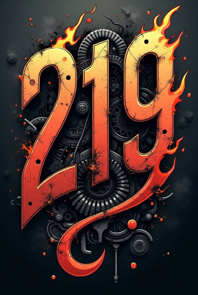 Simplified tattoo with the number 219 in a style with mechanics with speed effect and black flame