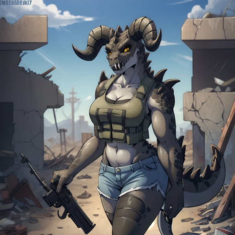 Solo, score_9,score_8_up,score_7_up, source_anime, aegis, kemono style, aegis, Anthro reptile girl, snout, green scaled skin, yellow eyes, black lips, black ram horns, tail, black lips, tall, Anthro deathclaw from fallout, deathclaw girl, (best quality), (4k), bulletproof vest, holding a rusty gun, blue shorts, in a ruined city, looking at viewer,