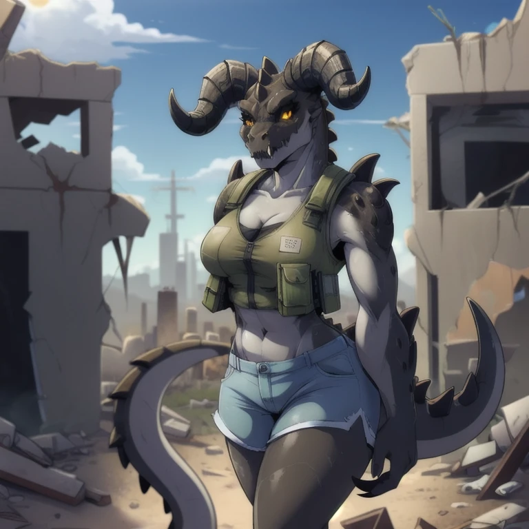 Solo, score_9,score_8_up,score_7_up, source_anime, aegis, kemono style, aegis, Anthro reptile girl, snout, green scaled skin, yellow eyes, black lips, black ram horns, tail, black lips, tall, Anthro deathclaw from fallout, deathclaw girl, (best quality), (4k), bulletproof vest, holding a rusty gun, blue shorts, in a ruined city, looking at viewer, 