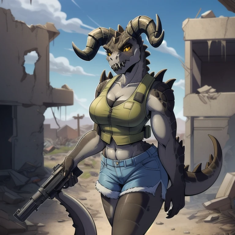 Solo, score_9,score_8_up,score_7_up, source_anime, aegis, kemono style, aegis, Anthro reptile girl, snout, green scaled skin, yellow eyes, black lips, black ram horns, tail, black lips, tall, Anthro deathclaw from fallout, deathclaw girl, (best quality), (4k), bulletproof vest, holding a rusty gun, blue shorts, in a ruined city, looking at viewer,