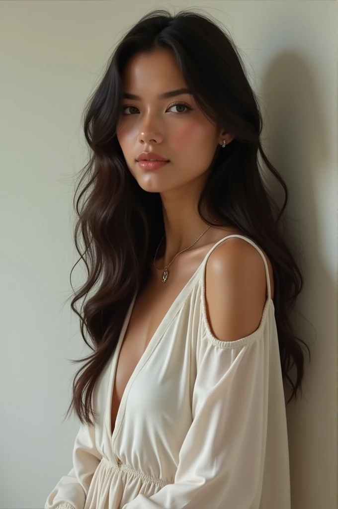 30-year-old woman Mexican nationality White skin Slim body but with good proportions Loose clothing 