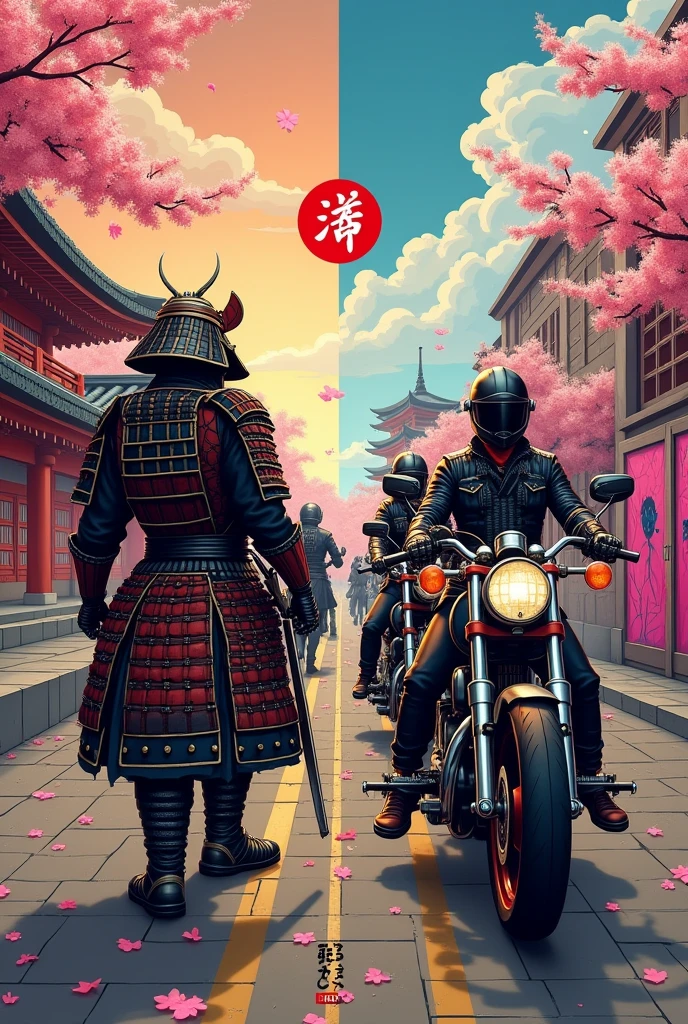 NKT side (Japan):
to the left, imposing samurai wear traditional armor. They are positioned in front of majestic ancient temples.
No fundo, cherry trees are in full bloom, scattering petals in the wind.
Kanji symbolizing “strength” and “honor” appear discreetly in the sky.
The predominant colors on this side are vibrant red., which symbolizes power and energy, with gold and black details highlighting the samurai armor and the architectural details of the temples.
Lado Hells Angels (Anos 2000):
On the right, custom motorcycles take center stage. Urban graffiti in vibrant pink hues covers concrete walls in the background.
Leather jackets with chains and metallic details are a highlight, capturing the rebellious and stylish essence of the 2000s.
The color palette on this side is dominated by vibrant pink., in contrast to black and gray, creating a bold, urban look.
texto:
The artist name “sanntx” is highlighted in black, strategically positioned in the center of the cover. It is slightly offset to one side to ensure visibility., but without interfering with the other visual elements of the composition.