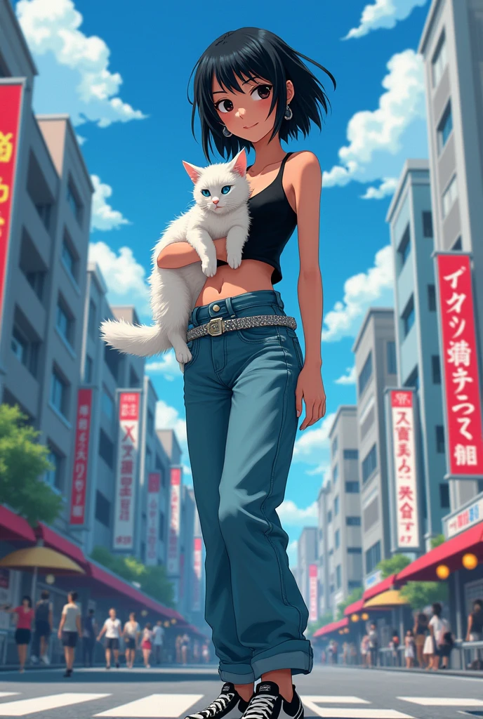 Young girl with a slim build, black eyes, long eyelashes, thick lips, short black hair, with bangs, wearing loose fitting jeans, a black tank top, with navel piercing, black vans tennis shoes, silver earrings, a glitter belt, carrying a white cat with blue eyes, in a background of the city of Japan, Hayao Miyazaki style animation