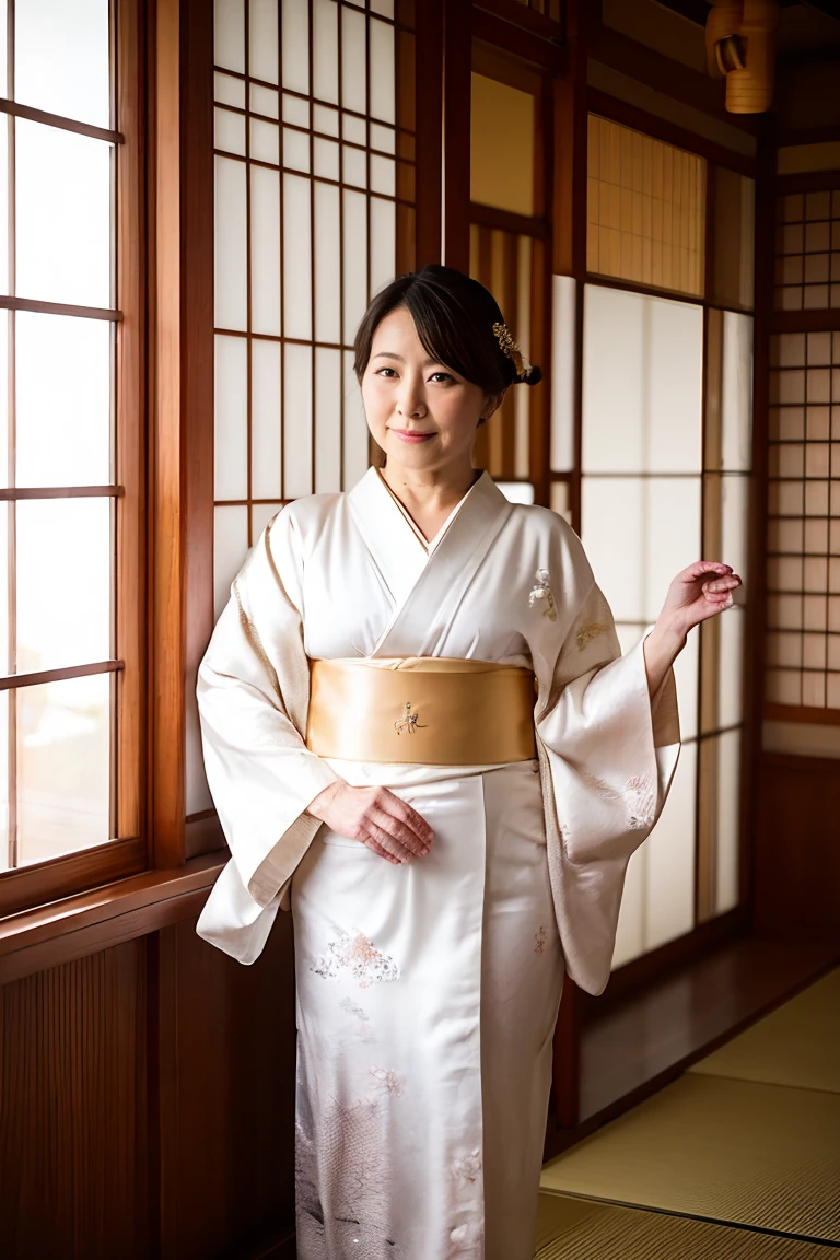 nsfw、Japanese Mature、Innkeeper、Super glamorous、Plump、kimono made of thin fabric、White kimono、Japanese-style room、See-through yukata、See-through, revealing your entire body