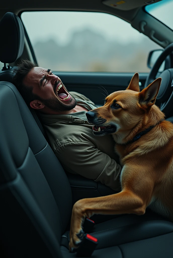 A man lying in prone position, on a back seat to whom a angry dog is biting on his hip. The man is shouting