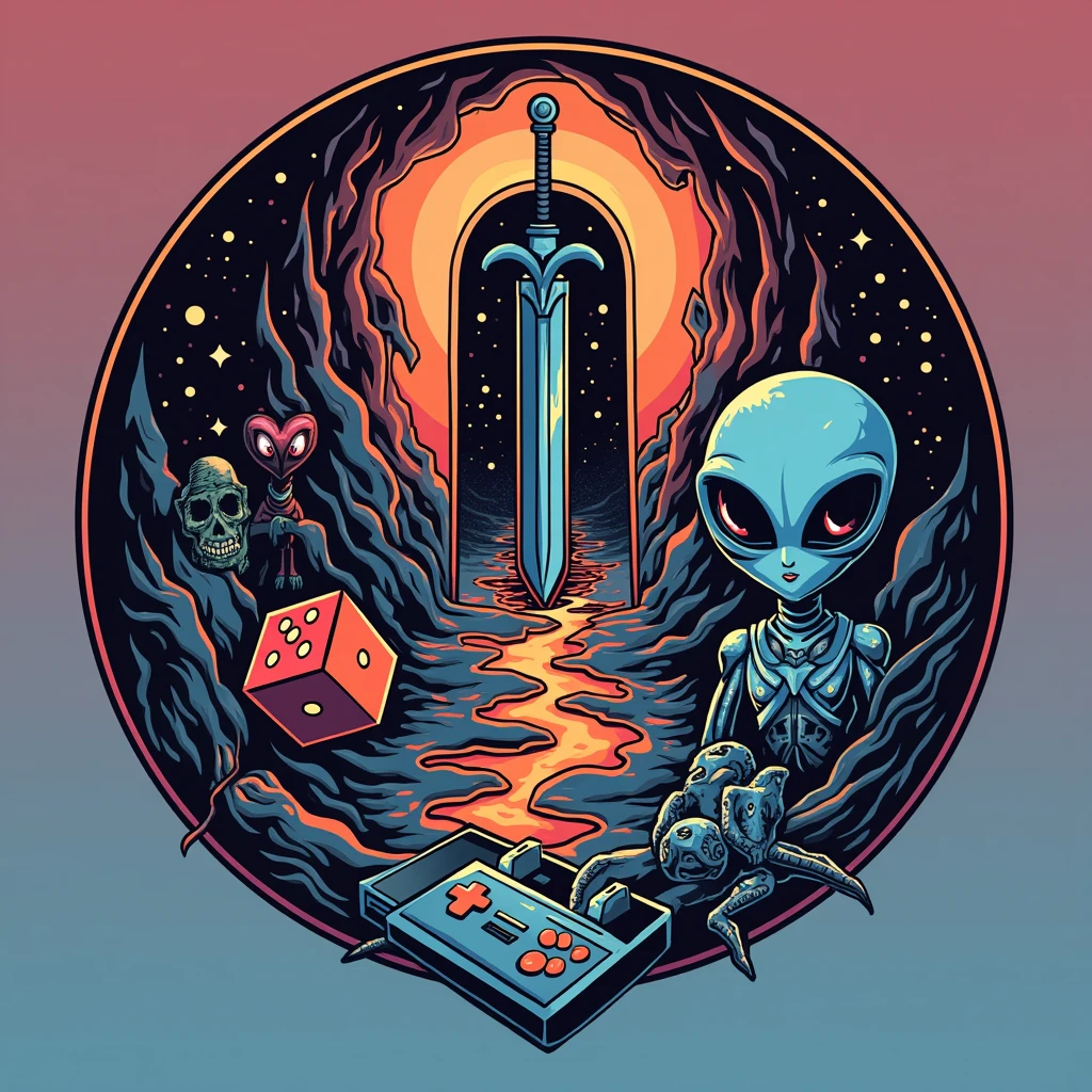 Logo. Use a retro color gradient background, different icons of geek culture, like a classic video game console, a D die&D, an anime figure, a fantasy sword and an alien. These elements could be connected by portals that symbolize the “other plane” where everything converges in a stylized way.