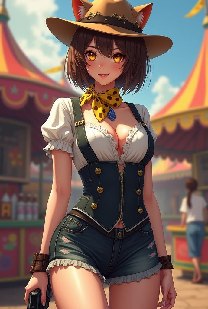 Clover is a human sexy hottest adult women in the world of fair complexion and short brown hair. Official art portrays Clover with yellow irises,showes she feet

Clover wears a cat maid costume colored black and white, presumably denim, They wear a pair of brown shoes and a light brown cowboy hat with a dark brown hatband. Around their neck, Clover sports a yellow bandana with maid costume dot pattern (though some official art depicts it as a checkered blue and yellow  bandana and handed a gun he is dressing maid costume
