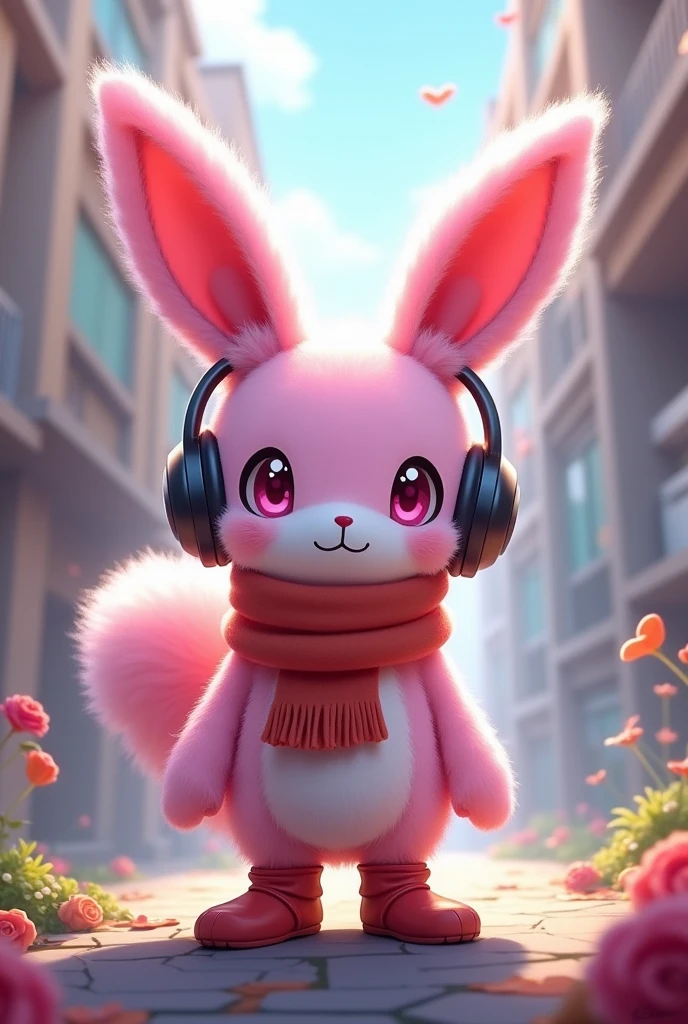 digimon pink cutemon with large rabbit-ears, with scarf and headphones and red boots standing
