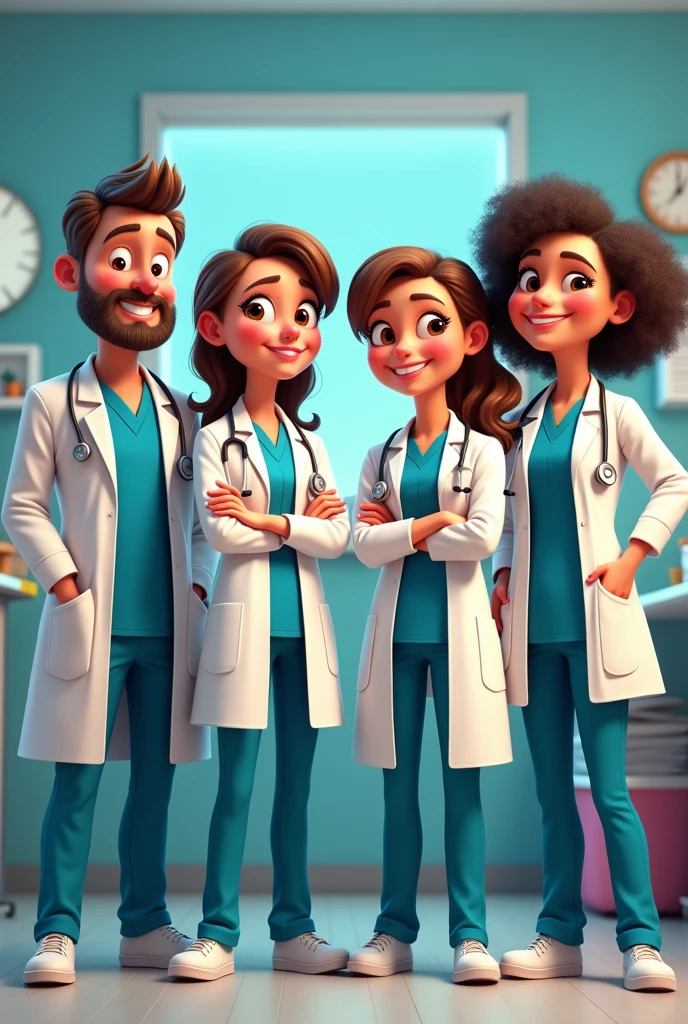 Two male doctors and two female doctors, Pixar cover style