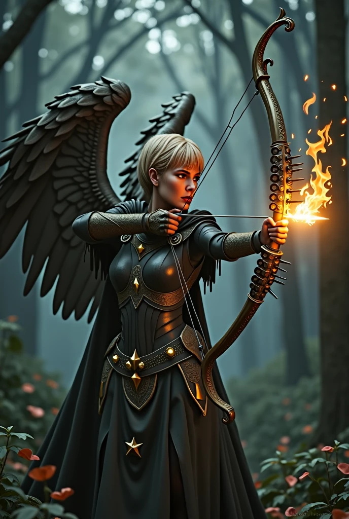 Dark forest scenery, Archangel, woman, realistic style, ((holding intricate bow with yellow gems), (aiming a flaming arrow at me), (blades on the ends of the bow)), detailed armor, Caucasian, short sandy hair, no skin showing except hand and face, determined look, six wings, strong pose, Intricate, surreal,