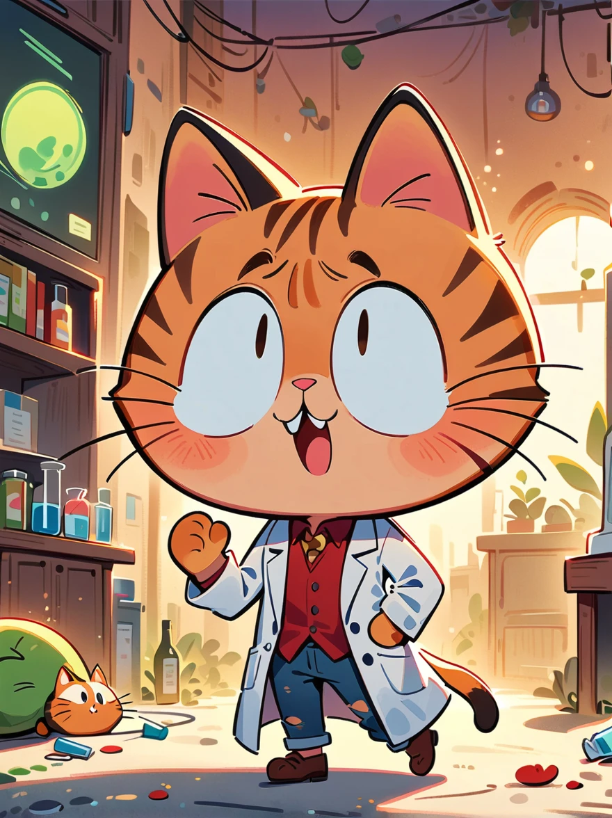 2d a male cat teacher, dressed as a teacher in a lab coat, 2d cartoon style, full body, solo, whimsical, adorable, male face, masterpiece, 8k, cinematic lighting, award-winning digital art
