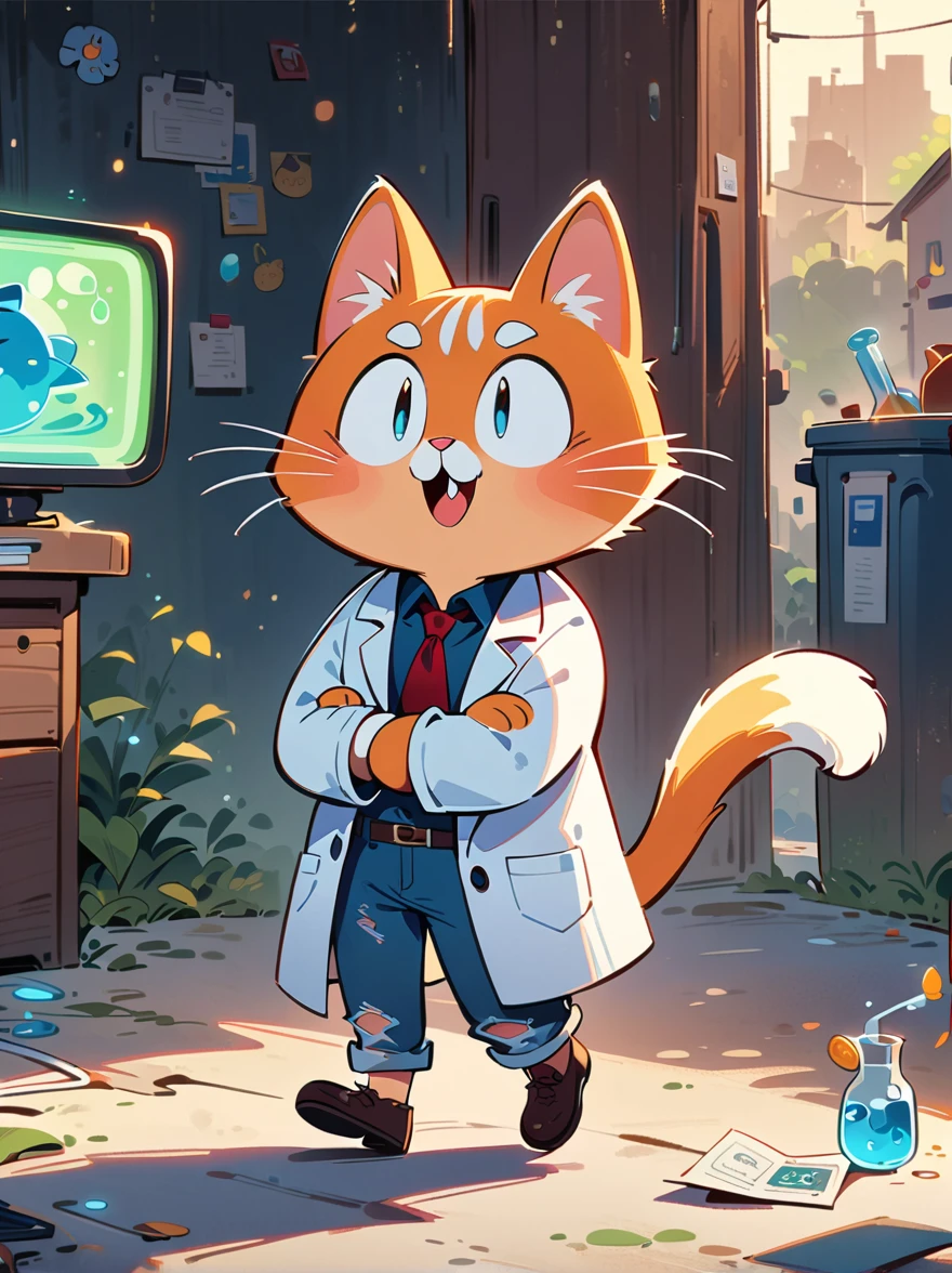2d a male cat teacher, dressed as a teacher in a lab coat, 2d cartoon style, full body, solo, whimsical, adorable, male face, masterpiece, 8k, cinematic lighting, award-winning digital art